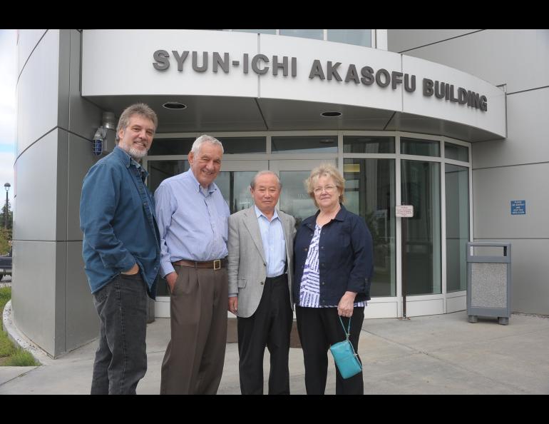 From left, Joseph Shaw, his father Glenn Shaw, Syun-Ichi Akasofu and Gladys Shaw pose in front of the Syun-Ichi Akasofu Building on the University of Alaska Fairbanks campus. Photo courtesy of Syun-Ichi Akasofu.