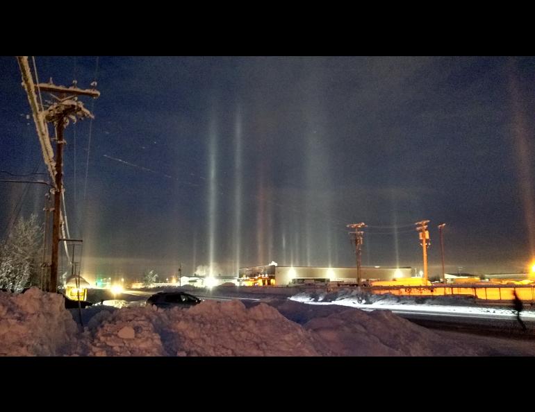 Light pillars appear when falling ice crystals reflect light off their undersides. John Shook took this photo on Feb. 7, 2020, in Fairbanks.