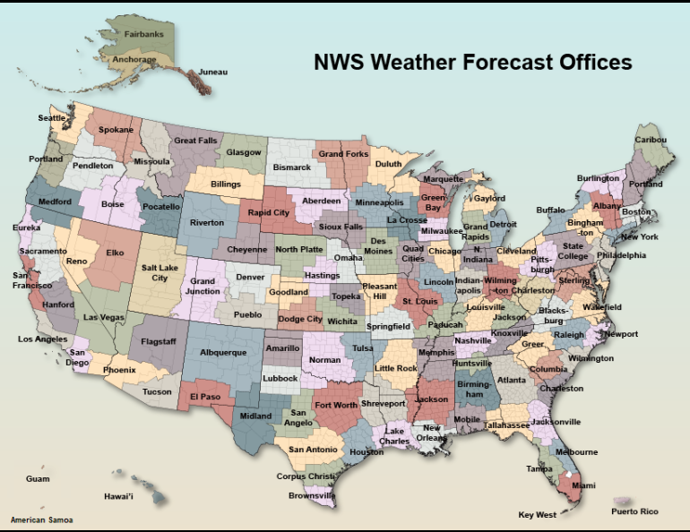 This map — not to scale when considering Alaska or Hawaii — shows the National Weather Service regional offices across the United States. Graphic courtesy of the National Weather Service.