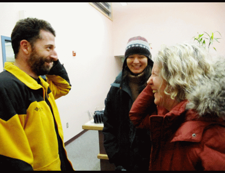 Brennan Gantner of the University of Colorado meets his mother, Cindy Gantner, after he succeeded in sending an instrument into the upper atmosphere aboard a NASA sounding rocket launched from Poker Flat Research Range. Gantner’s wife, Kim Winges of Sacramento, California, looks on. Photo by Ned R.