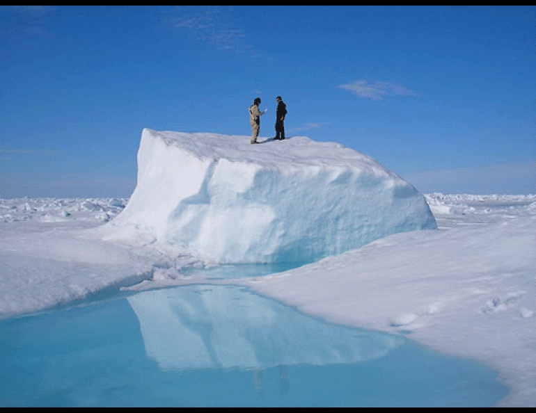 Matt Druckenmiller, right, and his research advisor Hajo Eicken, a professor of Geophysics, on an ice floe near Barrow. Photo by Daniel Pringle.