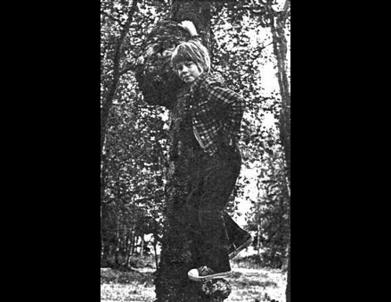 A boy between two burls, Tommy Pollard stands on one burl and holds on to another growing on a birch tree in the Palmer City Campground.