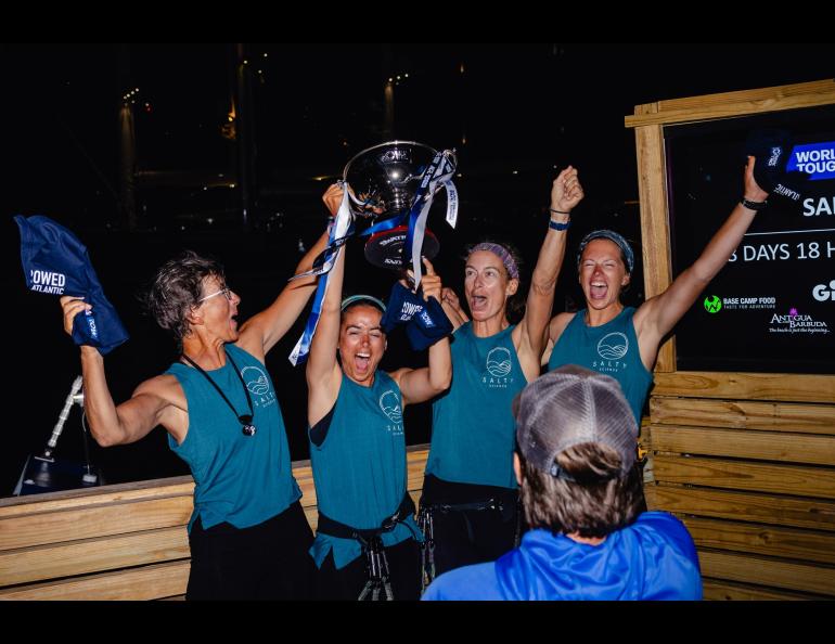 From left, Isabelle Côté, Lauren Shea, Chantale Bégin and Noelle Helder celebrate crossing the Atlantic Ocean in 38 days in Antigua on Jan. 20, 2024. Photo courtesy Noelle Helder.