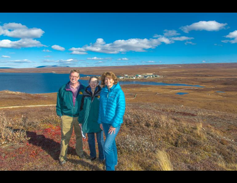 Senator Lisa Murkowski, right, poses with Brian Barnes and Donie Brett-Harte during the senator's brief visit to UAF's Toolik Field Station about 370 miles north of Fairbanks in Sept, 2013. UAF photo by Todd Paris.