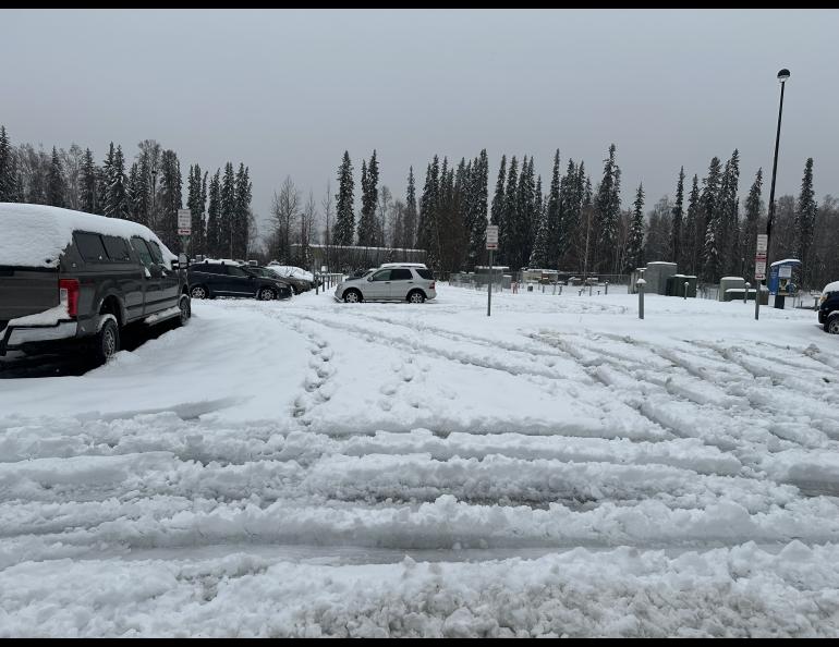 Fairbanks’ first real winter storm of October 2024 left behind an uncommon wet, slushy mess. Photo by Bobby Bianco.