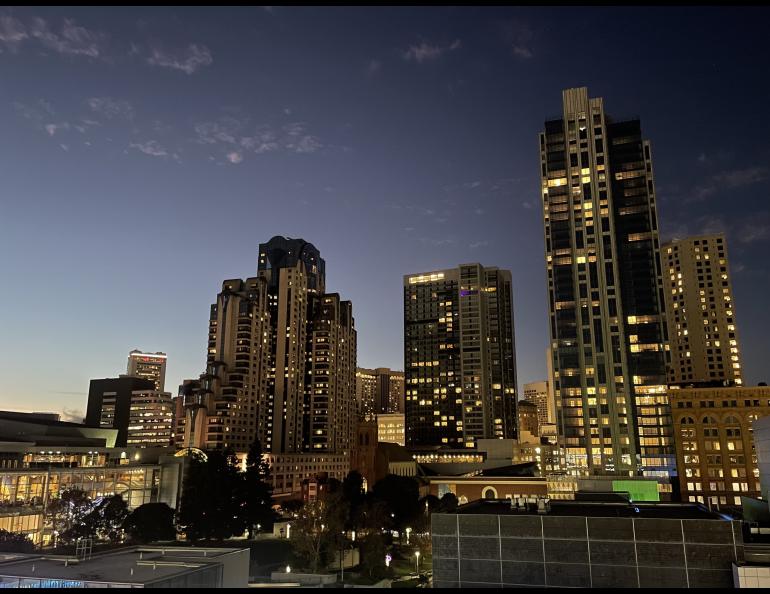 Downtown San Francisco as seen from the Moscone Center, site of the 2023 Fall Meeting of the American Geophysical Union. More than 25,000 people, most of them scientists, attended the five-day gathering. Photo by Ned Rozell.