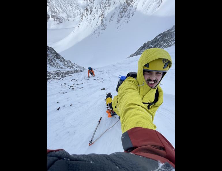 Roger Jaramillo, foreground, and Matthew Crisafi-Lurtsema climb in the Chugach Range of Southcentral Alaska in spring 2024 to prepare for an ascent of Denali. Photo by Roger Jaramillo.