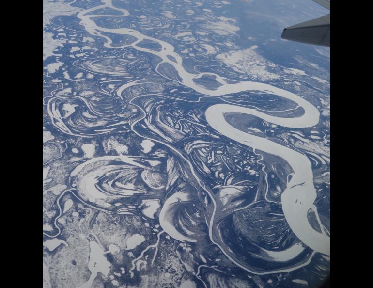 The frozen Yukon River seen from a commercial flight in mid-April, 2018. Photo by Ned Rozell.