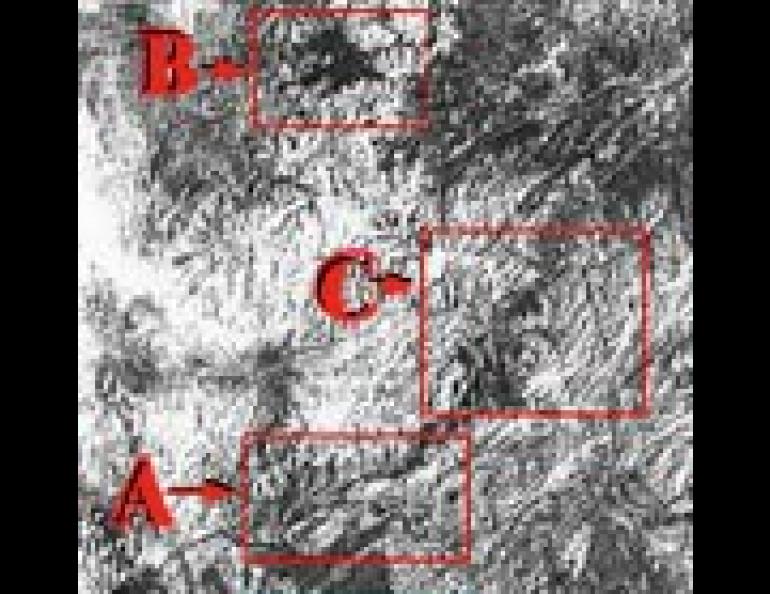  The Rampart Canyon of the Yukon River in central Alaska. The Yukon joins the Tanana River at lower center(A). The dark area near the top center (B) is a forest fire scar. Minook Creek Valley, site of a 1968 earthquake, is the sharp feature crossing the mountains at right center(C). (Geophysical Institute Photograph) 