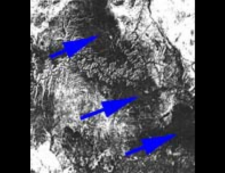  The Grand Canyon of the Colorado River on the Coconino Plateau in Arizona. The dark areas are ancient lava flows. (Geophysical Institute Photograph) 