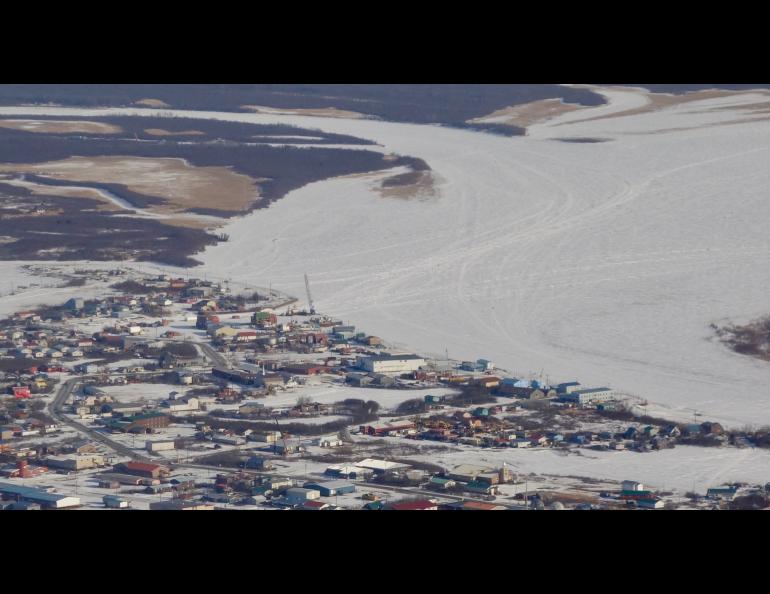 Snowmachine and ice-road trails on the Kuskokwim River at Bethel in mid-March, 2019. Photo by Ned Rozell. 