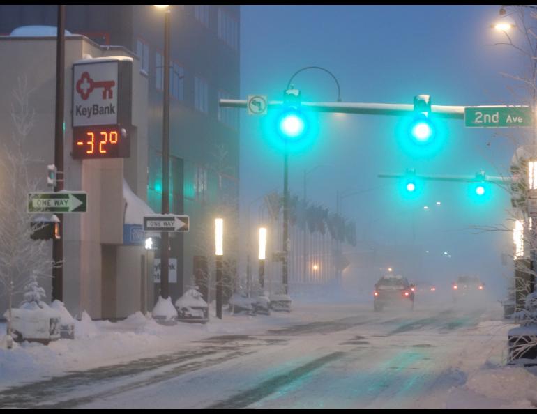 Downtown Fairbanks, Alaska, on a cold day in January 2017. Photo by Ned Rozell.