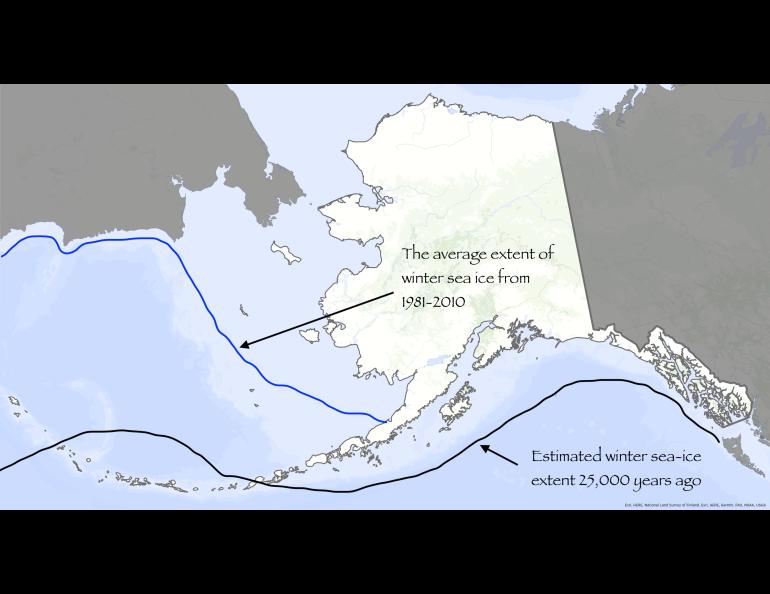 This map shows the median ice extent in March for the period 1981-2010 (based on data from the National Snow and Ice Data Center). The line farther south shows the estimated extent of winter sea ice during the Last Glacial Maximum about 25,000 years ago.