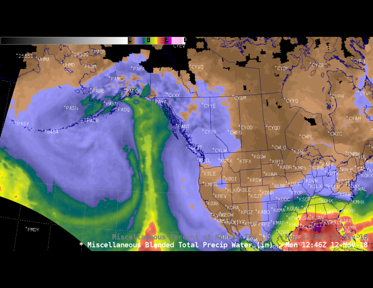 An atmospheric river that transported immense amounts of water vapor from the tropics to Southcentral Alaska in November 2018. Courtesy of NOAA Office of Satellite and Product Operations.