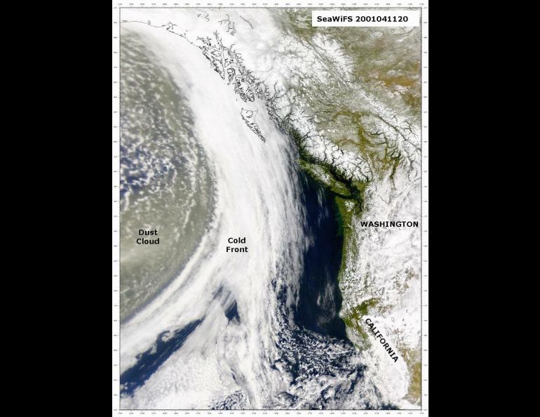  The cloud carrying sand and dust from Asian deserts approaches Southeast Alaska, British Columbia, and the west coast of the United States on April 11, 2001. Image provided by the SeaWiFS Project, NASA/Goddard Space Flight Center, and ORBIMAGE 