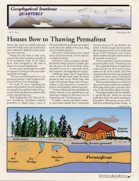 Article about thawing permafrost destroying houses with a graphic at the bottom displaying the layers of ice beneath a cracked house. 