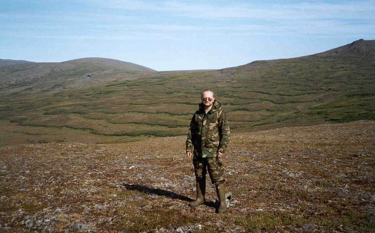 Sergey Marchenko stands off the Nome-Council Road on the Seward Peninsula during one of his early Alaska fieldwork travels. Photo courtesy Vladimir Romanovsky.