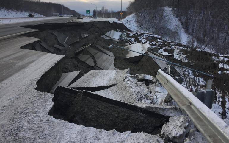 The Mirror Lake offramp on the Glenn Highway near Chugiak, Alaska, shows damage after the Nov. 30, 2018, earthquake. Photo courtesy of Alaska Department of Transportation and Public Facilities