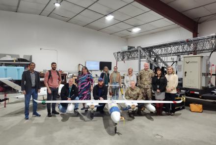 Several participants in the Alaska Defense Forum visited the hangar of the UAF Geophysical Institute’s Alaska Center for Unmanned Aircraft Systems Integration on Monday, Aug. 26, 2024. Tour groups visited several of the university’s research facilities. Photo by Brittany Smart