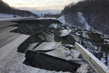 The Mirror Lake offramp on the Glenn Highway near Chugiak, Alaska, shows damage after the Nov. 30, 2018, earthquake. Photo courtesy of Alaska Department of Transportation and Public Facilities