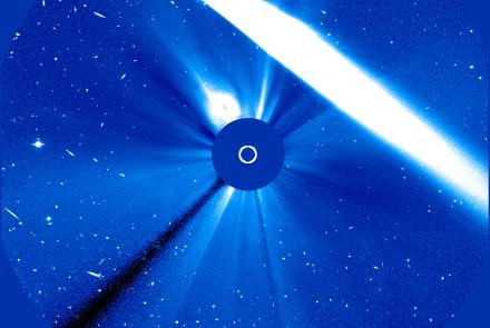 Comet Tsuchinshan-ATLAS passes by the sun (blocked by center circle) on Oct. 10, 2024, in this image from the Solar & Heliospheric Observatory. The observatory launched in December 1995 as a joint mission of NASA and the European Space Agency. Image courtesy of the Solar & Heliospheric Observatory