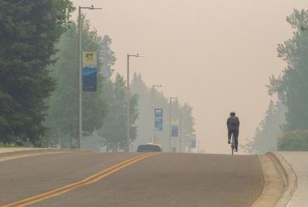 Smoke from nearby wildfires creates a haze on the University of Alaska Fairbanks Troth Yeddha’ Campus in June 2022. UAF photo by Eric Engman