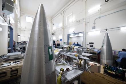 Two of three payloads being prepared to investigate three types of aurora sit inside the payload assembly area at Poker Flat Research Range on Friday, Jan. 10, 2025. Photo by Bryan Whitten