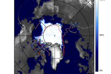 This map of Northern Hemisphere sea ice concentration for Sept. 24, 2025, also shows the contours of the 15% edge during the years with the least extent of ice (in red) and the greatest extent of ice (in orange) during the period from November 1978 to the present. Image courtesy of NASA