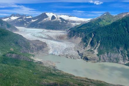Mendenhall Glacier barely touches Mendenhall Lake near Juneau in this photo Eran Hood took from a helicopter on Aug. 13, 2025. Photo by Eran Hood.