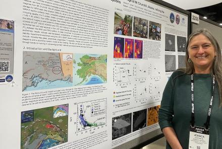 Jessica Larsen of the University of Alaska Fairbanks Geophysical Institute describes her research on Alaska’s Mount Churchill at the Fall Meeting of the American Geophysical Union on Dec. 9, 2024. Photo by Ned Rozell.