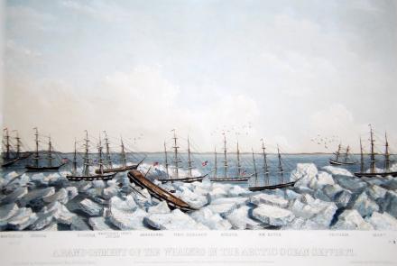 This painting, “Abandonment of the Whalers in The Arctic Ocean September 1871,” depicts the New England whaling ships trapped in pack ice off northern Alaska. Wainwright Inlet is in the background. Courtesy Ted and Ellie Congdon, Huntington Library.