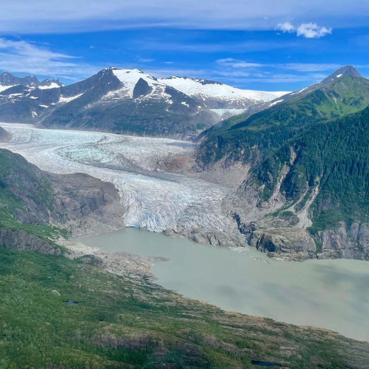 Mendenhall Glacier barely touches Mendenhall Lake near Juneau in this photo Eran Hood took from a helicopter on Aug. 13, 2025. Photo by Eran Hood.