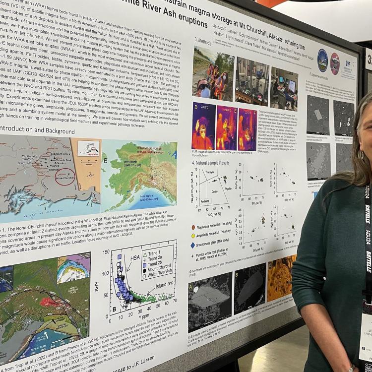 Jessica Larsen of the University of Alaska Fairbanks Geophysical Institute describes her research on Alaska’s Mount Churchill at the Fall Meeting of the American Geophysical Union on Dec. 9, 2024. Photo by Ned Rozell.