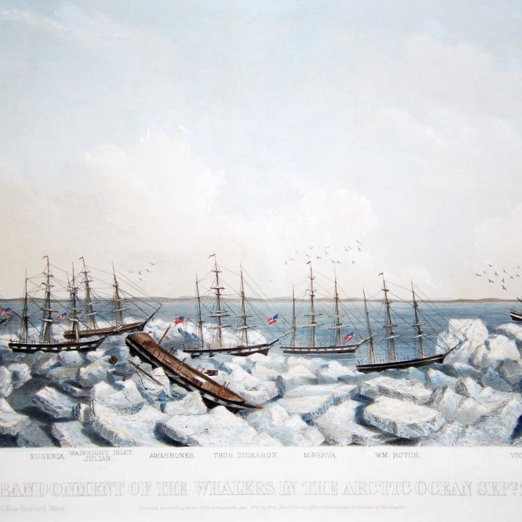 This painting, “Abandonment of the Whalers in The Arctic Ocean September 1871,” depicts the New England whaling ships trapped in pack ice off northern Alaska. Wainwright Inlet is in the background. Courtesy Ted and Ellie Congdon, Huntington Library.