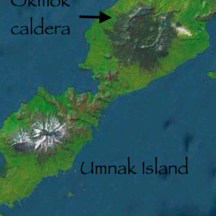 The crater from Mount Okmok’s eruption 2,000 years ago dominates Umnak Island in the Aleutians. From Google Maps.
