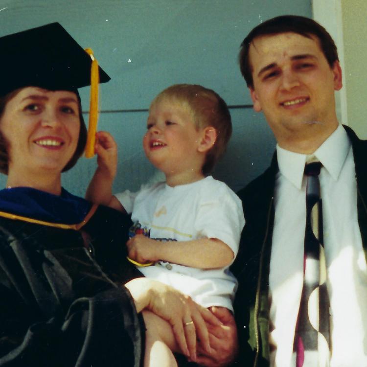 Natalia Ruppert poses with her son Daneel and her husband Artem in May 2001 after receiving her doctorate degree at the University of Alaska Fairbanks. Photo courtesy Natalia Ruppert.